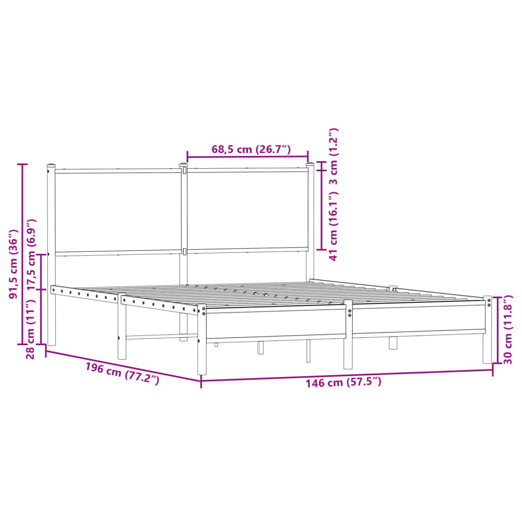 Metal Bed Frame without Mattress Smoked Oak Finish 140 x 190 cm
