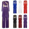 Womens Liturgical Dance Set Round Neck Long Sleeve Metallic Shiny Patchwork Irregular Dress Wide Leg Pants