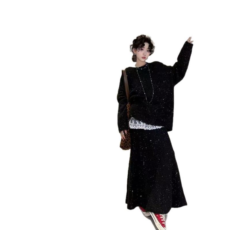 Ленивый ветер мягкий восковой свитер эластичная талия юбка годе длинное платье комплект из двух предметов осень и зима новый костюм вязаный с пайетками женский