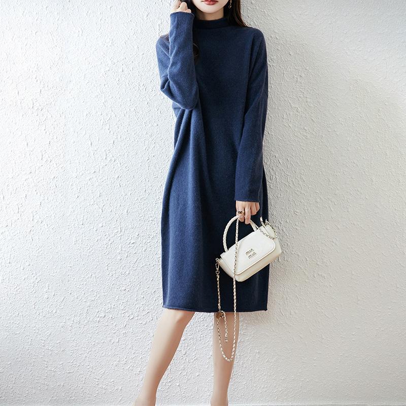 Женское платье-свитер 100% шерсть TIDENOVEL Вязаное с высоким воротом Длинный пуловер Зимние джемперы Шерстяное длинное платье Женское