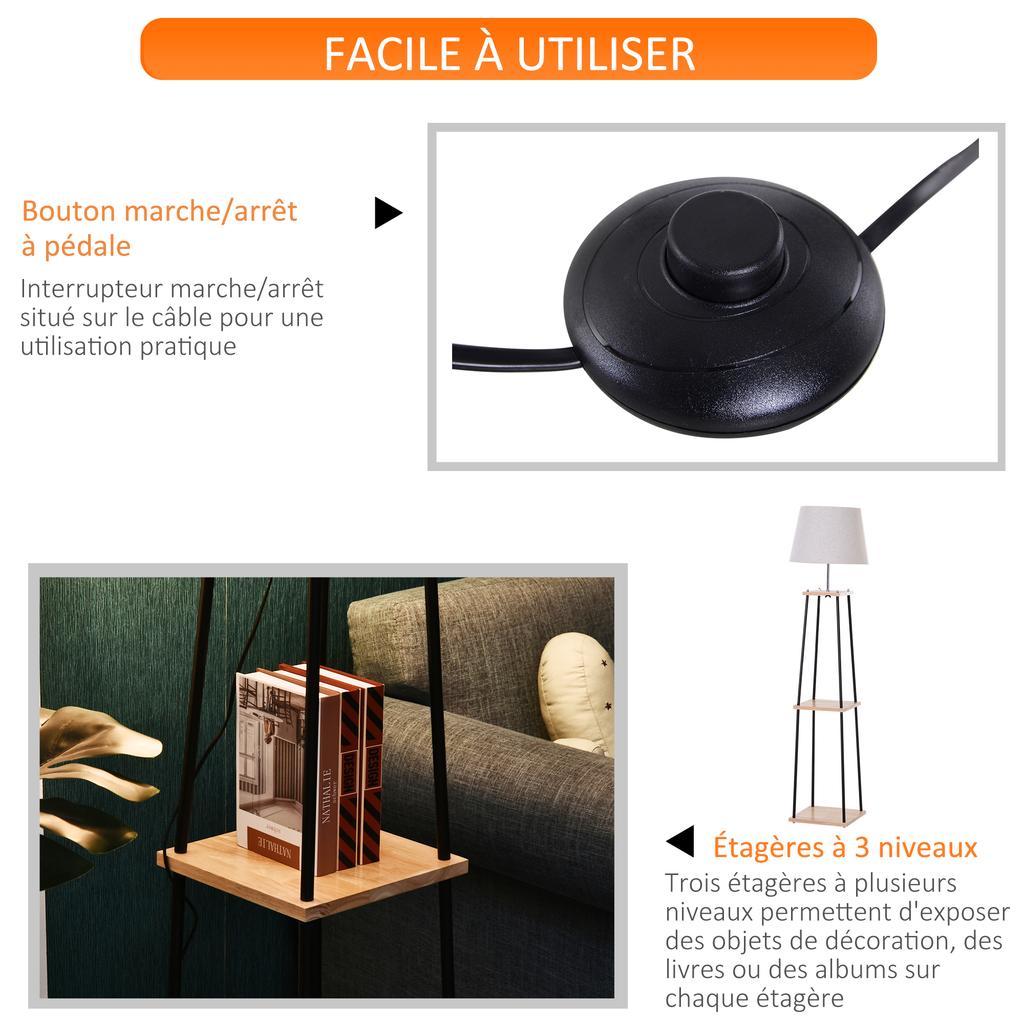 Floor Lamp, Contemporary, 40 x 40 x 160 cm, 40 W Max, 3 Shelves, Pine Wood, Black Metal, Beige