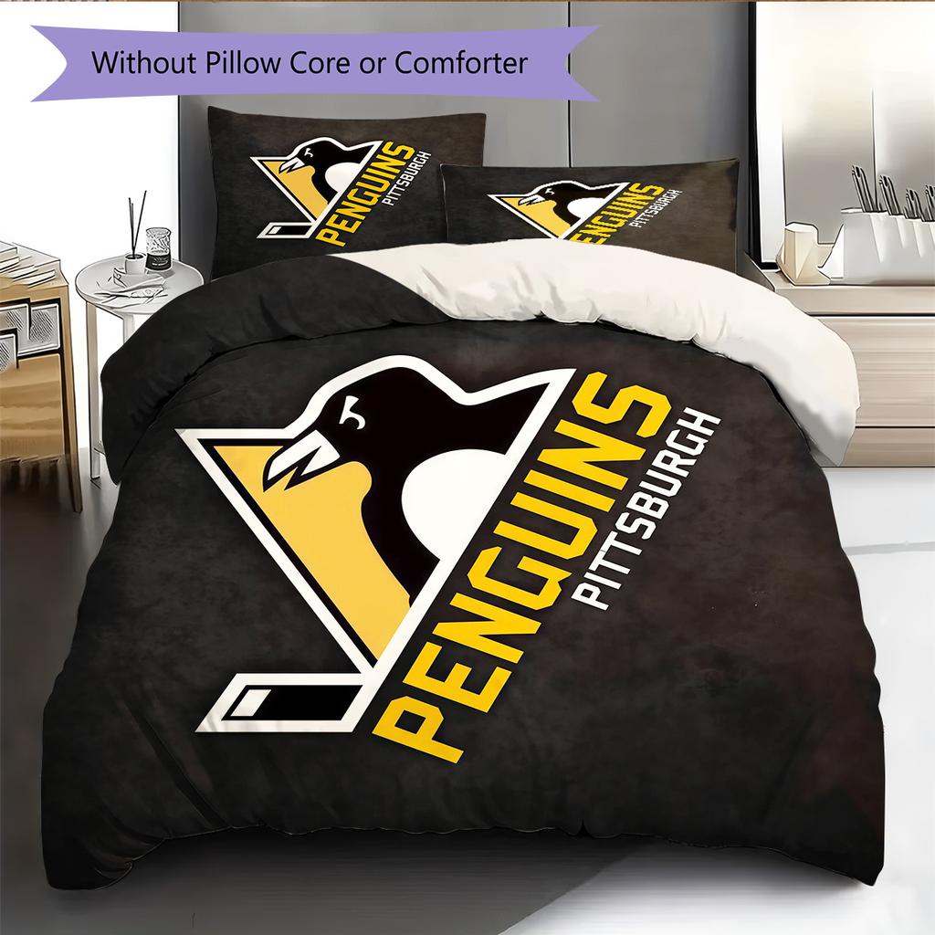 Pittsburgh Penguins Pattern Bedding Quilt Set Home Decoration Gift (1 * duvet cover + 2 * pillowcase without core)