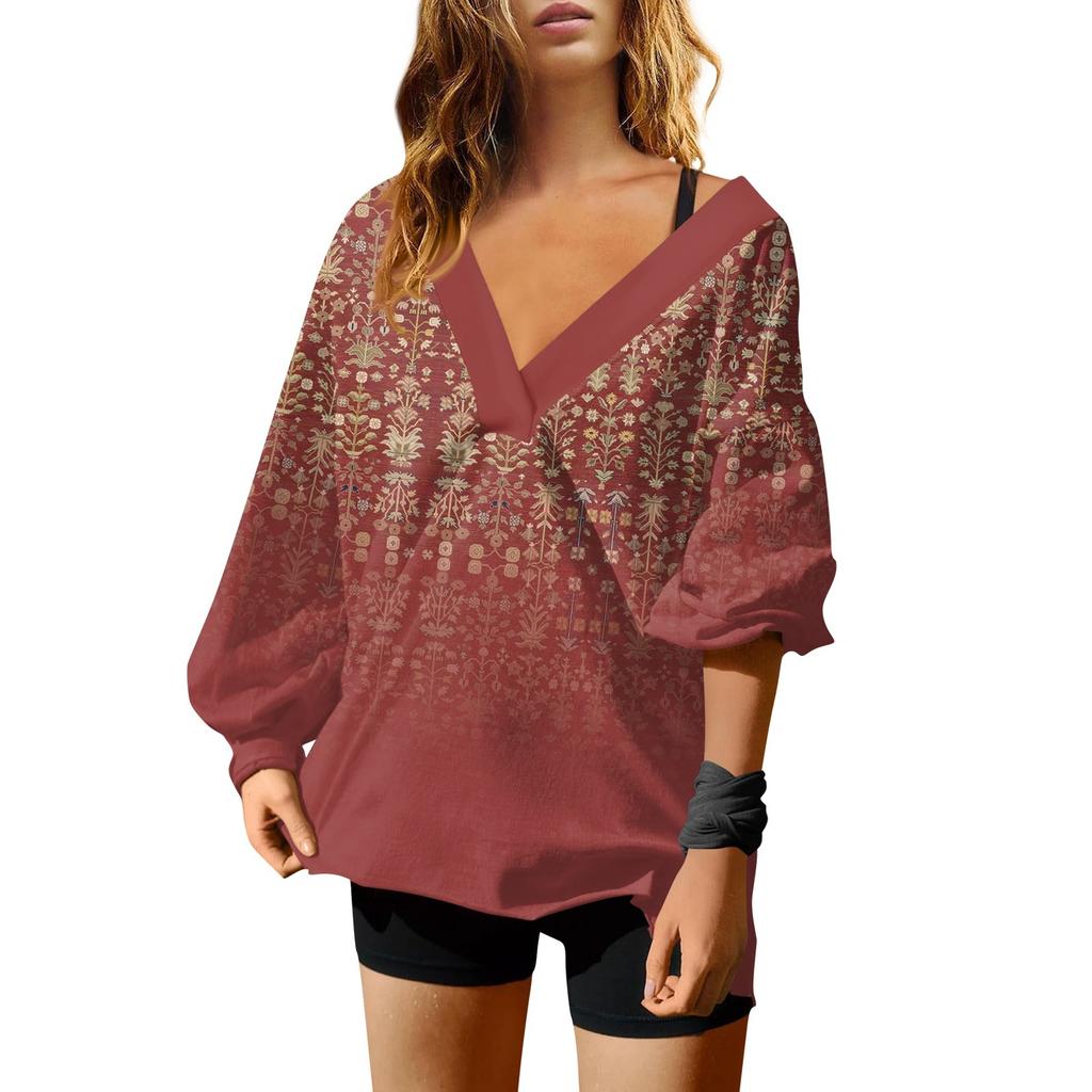 Женская мода ретро принтованный V-образный вырез длинный рукав свободный пуловер свитшот топ