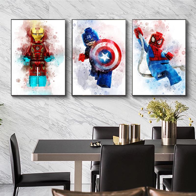 Cartoon Superhero Canvas Painting Spiderman Captain America Hulk Iron Man Poster Kids Bedroom Wall Art Home Decor