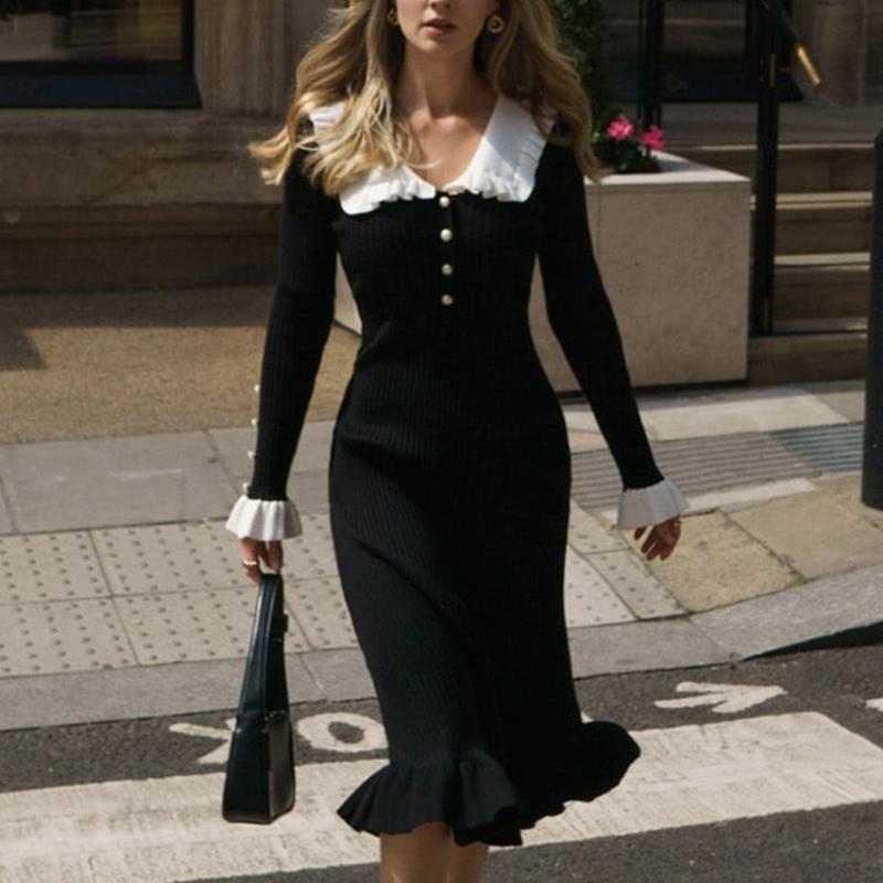 Elegant Ruffled Maxi Dresses For Women Autumn Winter Knitted Slim Long Dress Women's Vintage Dress Woman Retro Knitwear