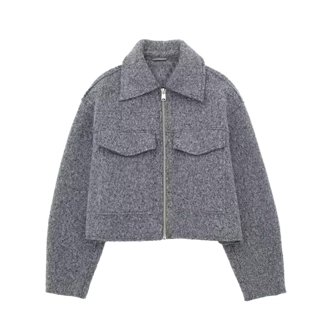 Vintage Women Solid Tweed Cropped Jacket with Pockets Long Sleeves Lapel Cardigan Coat Female Street Outerwear
