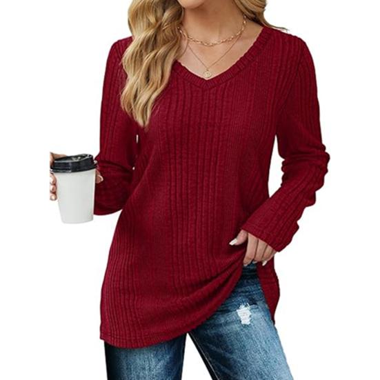 Женская туника-свитер с V-образным вырезом и длинным рукавом, однотонная, ребристая, повседневная, облегающая, трикотажная