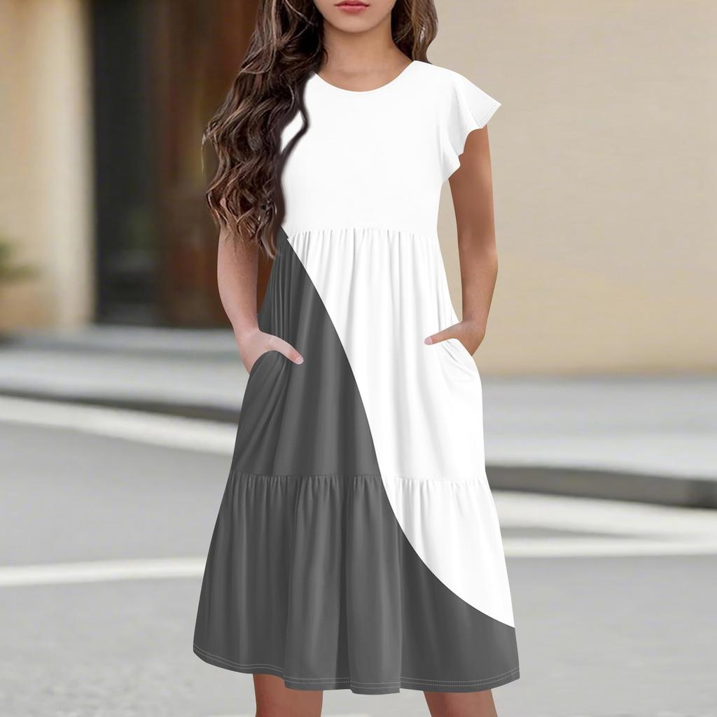 Детская юбка с круглым вырезом, плиссированная, с коротким рукавом, юбка принцессы, модное повседневное платье с карманами для девочек