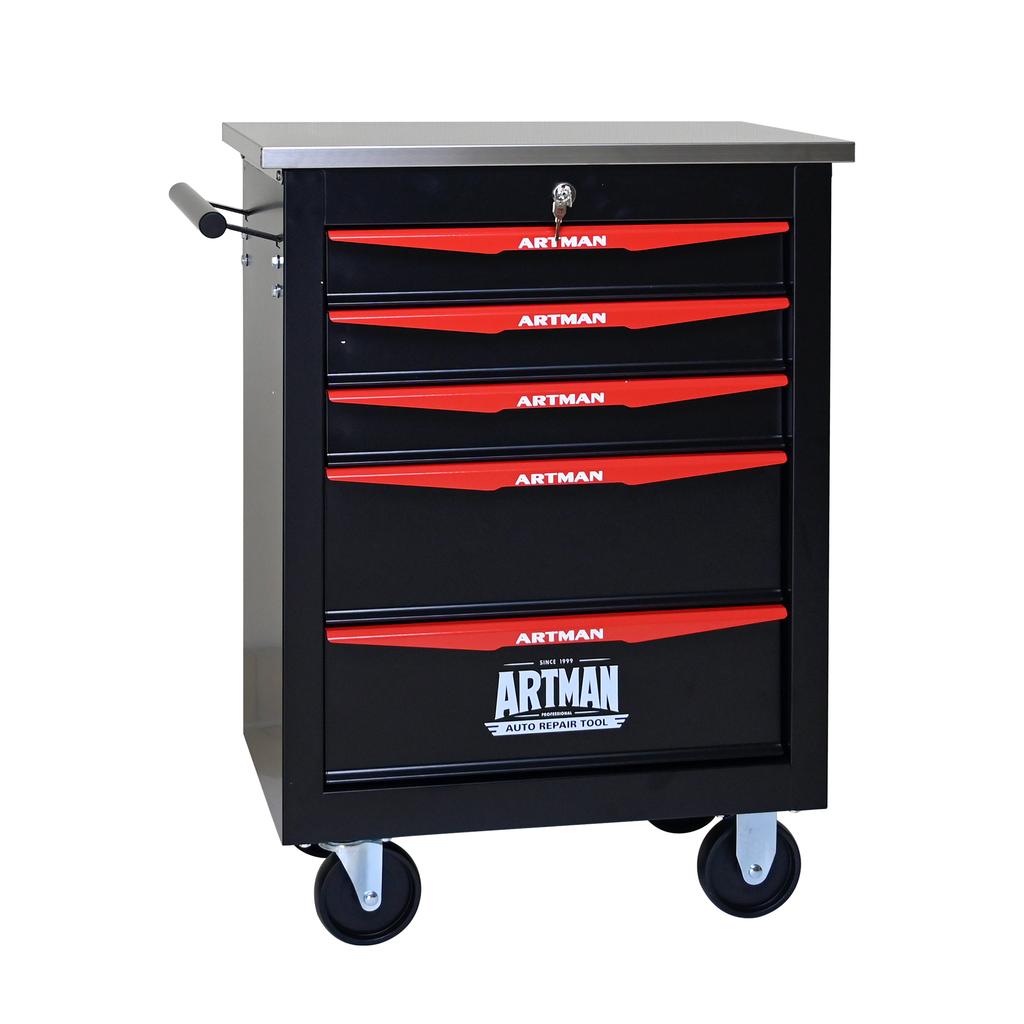 5-Drawer Multifunctional Tool Trolley with Casters, for Garage, Workshop, Warehouse and Repair Shop, with Stainless Steel Worktop, Black-Red