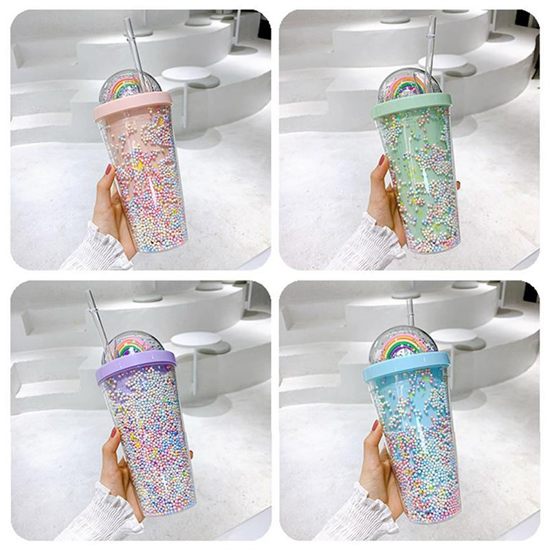 Double Layers Rainbow Plastic Water Bottle With Straw Creative 550Ml Mug
