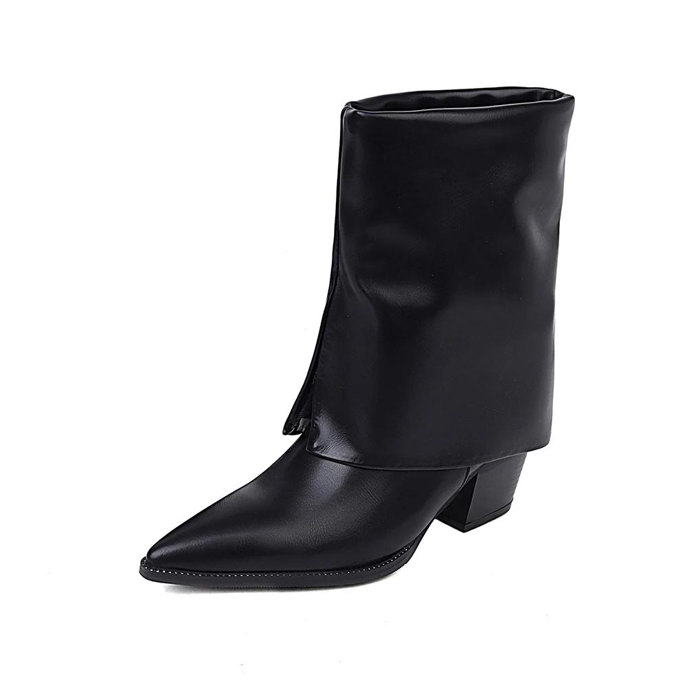 Женские складные ботфорты до колена, дизайнерские ботинки на высоком каблуке класса люкс, ботинки на толстом каблуке с острым носком, шикарная обувь, зимняя мода, мягкие и теплые 41