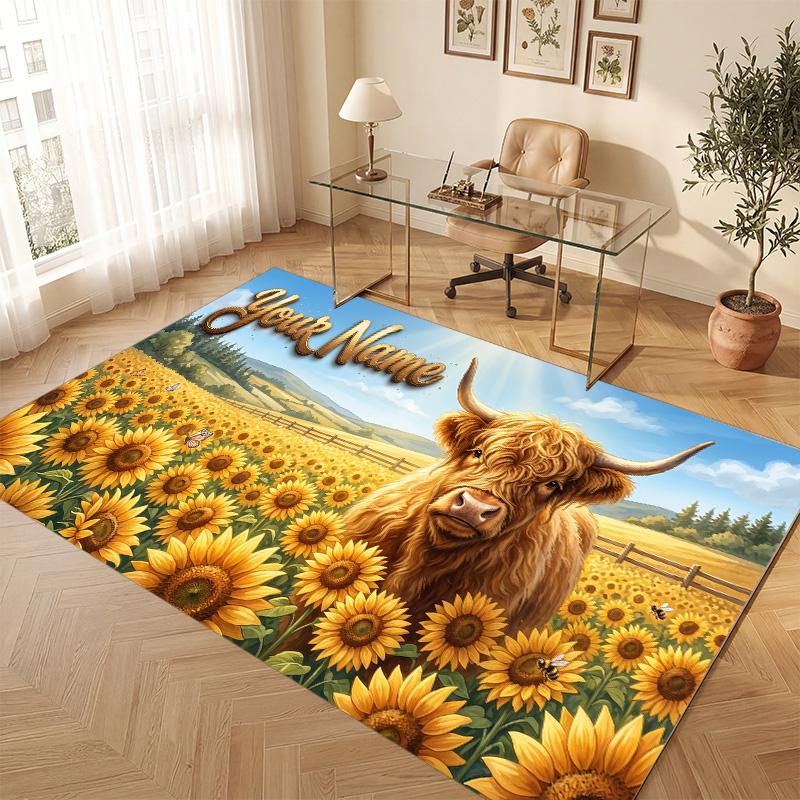 Highland Cow Theme Soft Crystal Velvet Rug Custom Name & Text Print Non Slip Floor Rug for Bedroom Living Room