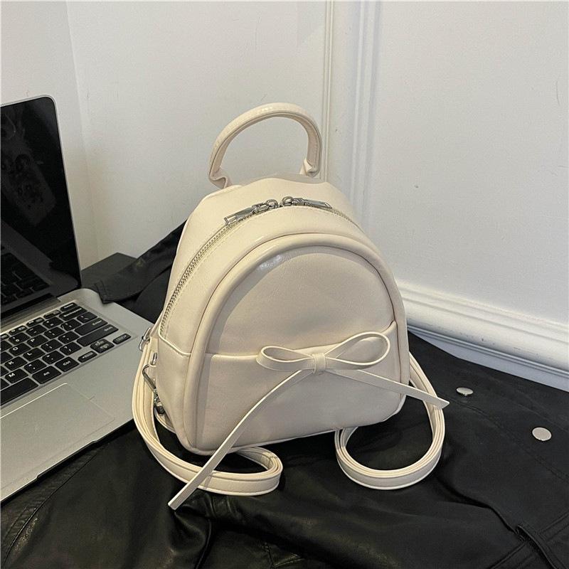 Cute Bow Solid Zipper Pu Backpack Women'S Simple Waterproof Bag Large Capacity Travel Backpack Girly Student School Bags