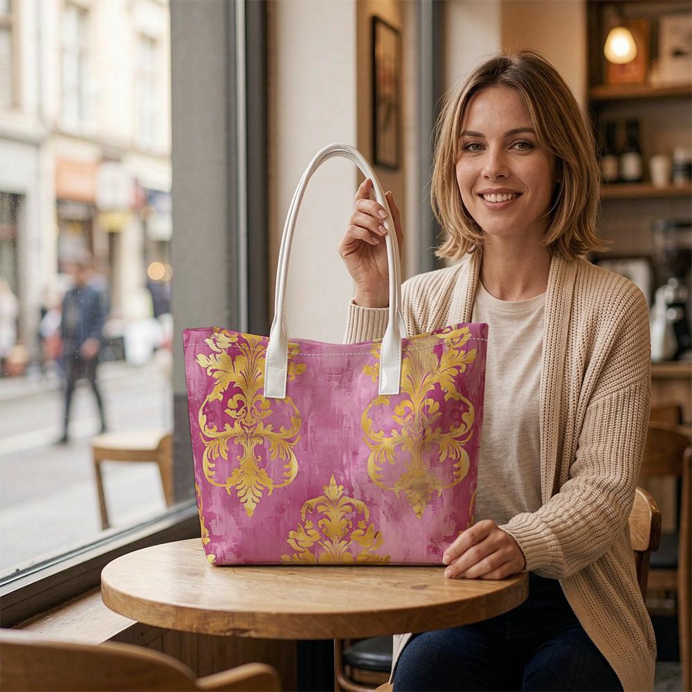 Elegant Gold Pattern Purple Tote Bag Fashion Portable Daily Carry Handbag