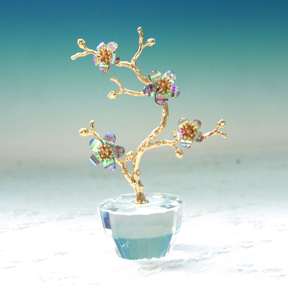 K9 Crystal Plum Flower Ornament with Pot Base Glass Artificial Simulation Flower for Home Wedding Party Decor Souvenir Gift