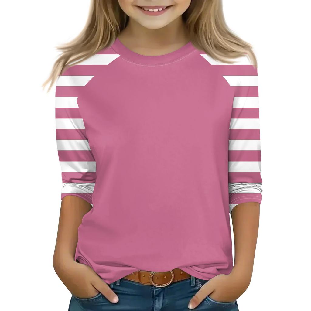 Tops For Youth Girls 4-16 Years Round Neck 3/4 Sleeves T-Shirts Trendy Tops Outfit Tees