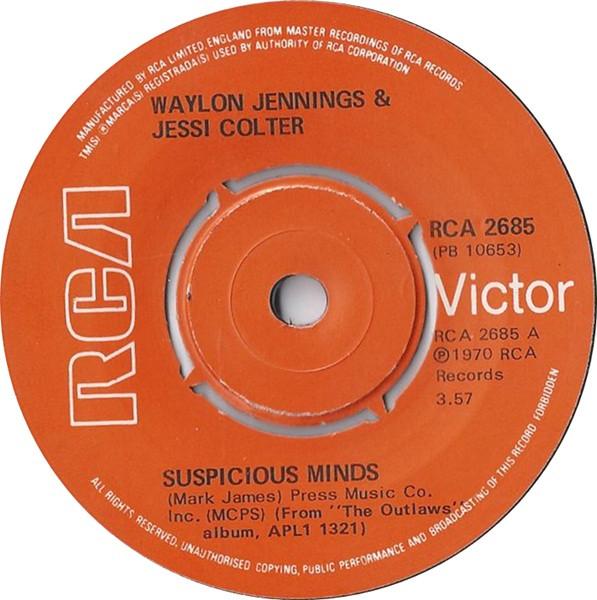 7-дюймовая пластинка WAYLON JENNINGS JESSI COLTER Suspicious Minds RCA2685 RCA Victor 1976 Великобритания Кантри/Фолк Б/у