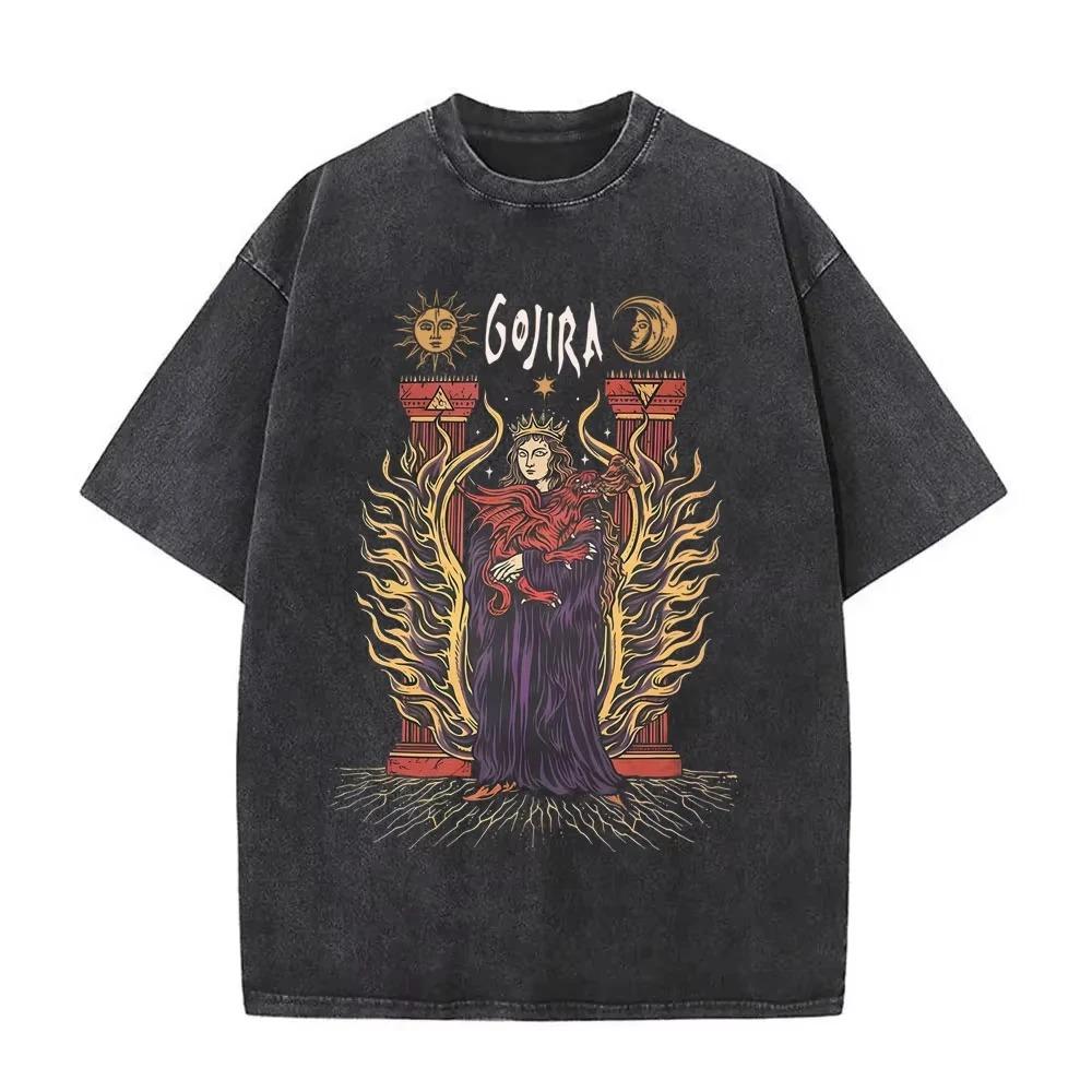 Gojira Древо Жизни Винтажная Черная Футболка Оверсайз с Двусторонним Графическим Принтом Acid Wash | Уличная Одежда для Фанатов Прогрессив-Метал Группы Мерч Футболка