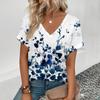 Women's V-neck T-shirt Retro Elegant Flower Pattern Fashion Print T-shirt Summer Leisure Women's Popular Short Sleeved T-shirt