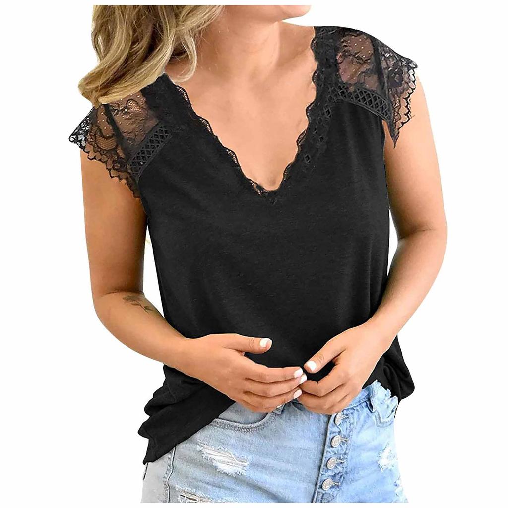 Women's Fashion Elegant V-neck Lace Printed Short Sleeve Casual Loose Cool Top