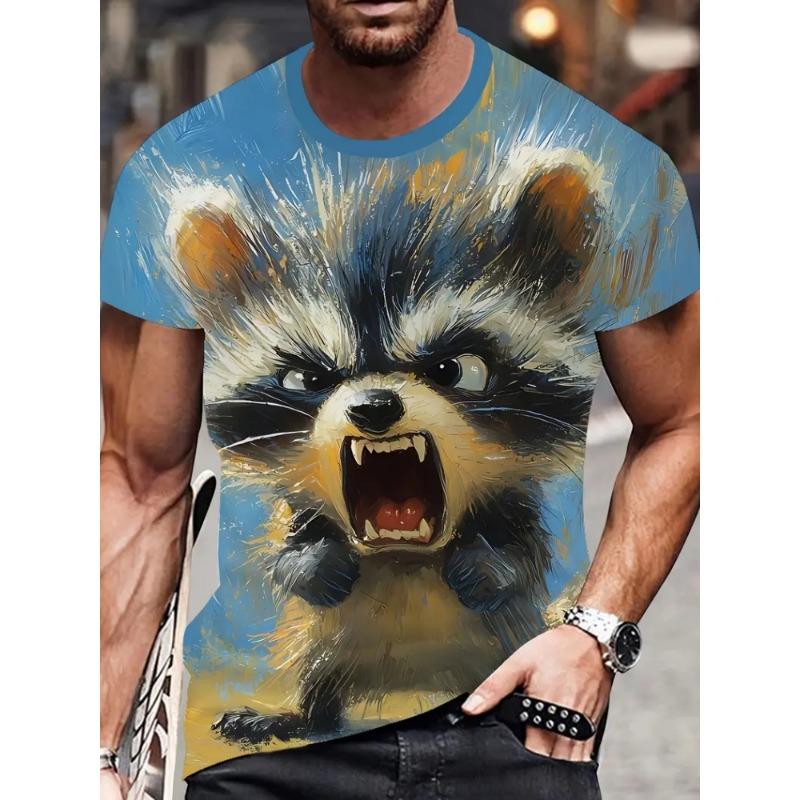 Summer 3D Cat Patternraccoon T-Shirt for Men Animal Cartoon Animal Pattern Tees Loose Round Neck Tops T Shirts Short Sleeves