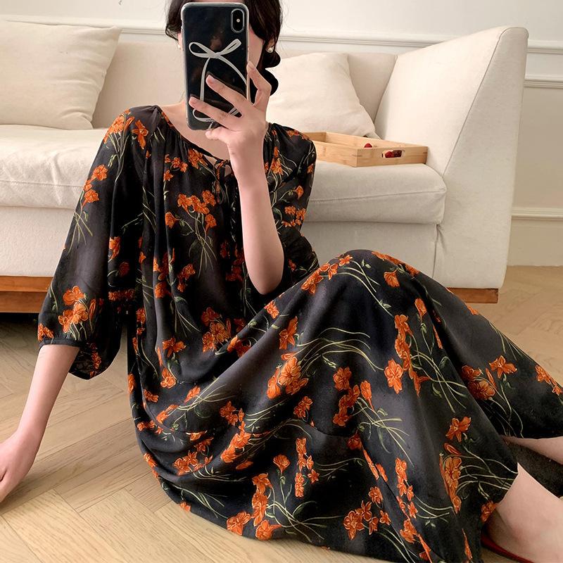 1011 new cotton and silk nightdress women's high-end printing short-sleeved long dress large size thin can be worn outside loungewear