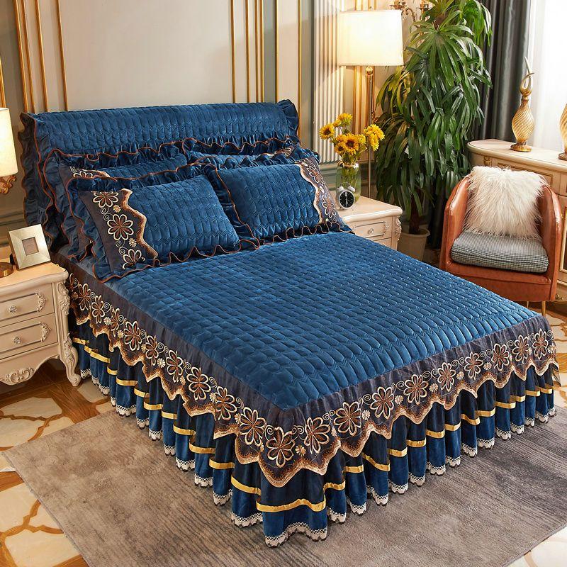 Luxury Wedding Bedding Set Super Soft Crystal Velvet Fleece Lace Ruffles Quilted Bed Skirt Mattress Cover Bedspread Pillowcases