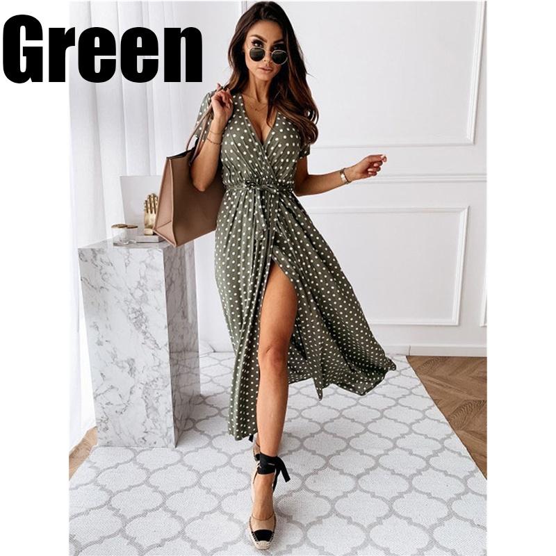 Летнее богемное платье с v-образным вырезом и короткими рукавами в горошек, модная сексуальная повседневная длинная юбка