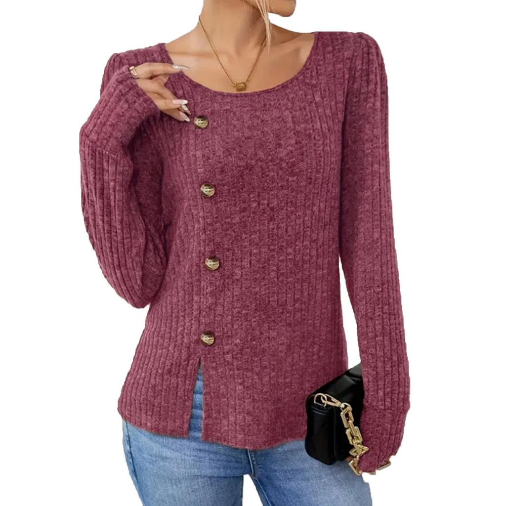 GMXIA Autumn Winter Solid Color O-Neck Button Long Sleeve Loose T-shirt Top Woman