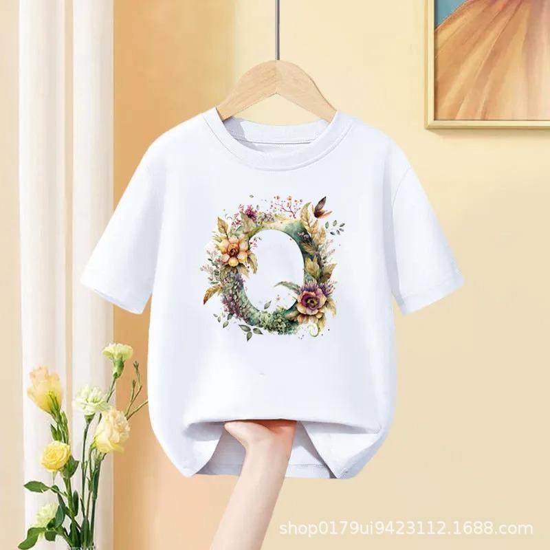 Floral AZ Kids Tshirt 26 Letters Cute ABCD Cartoon Short Sleeve Tee for Girls Summer Fashion Polyester Fabric