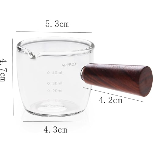 Espresso Shot Glass, Measuring Cup with Wooden Handle, Milk Cup, Double Spout, Graduated, Thickened Heat-Resistant Glass, Sake Glass, Wine Glass, for