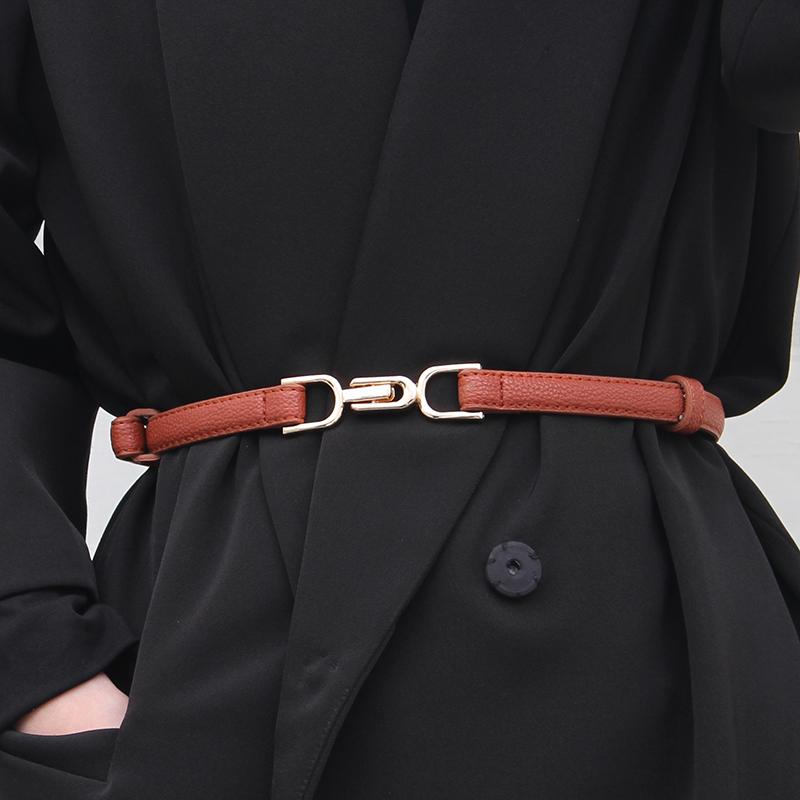 Retro Thin Adjustable Women PU Leather Belt Wild Black Ladies Female Skinny Dress Waist Belts Straps Gold Metal Buckle Wasitband