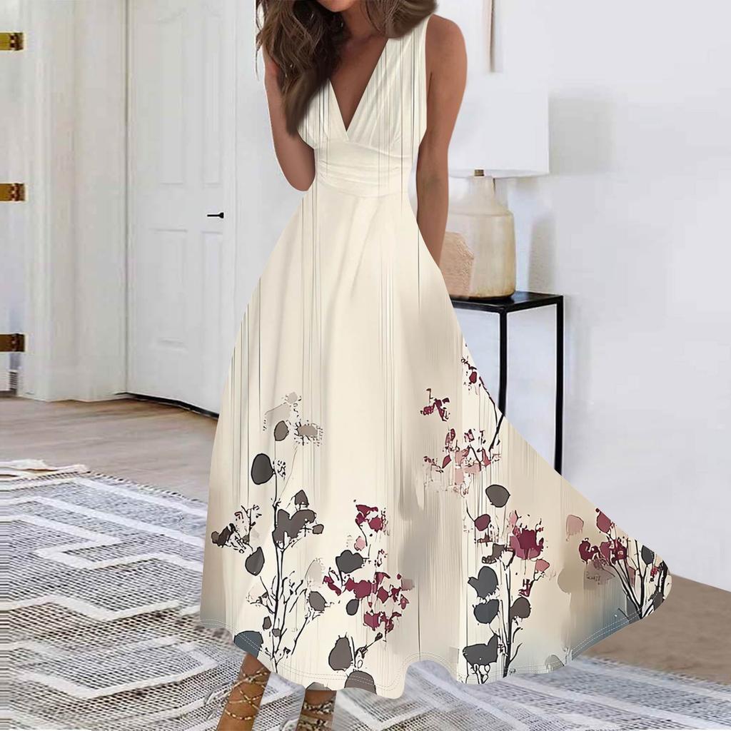Женские модные повседневные свободные платья с V-образным вырезом без рукавов с принтом