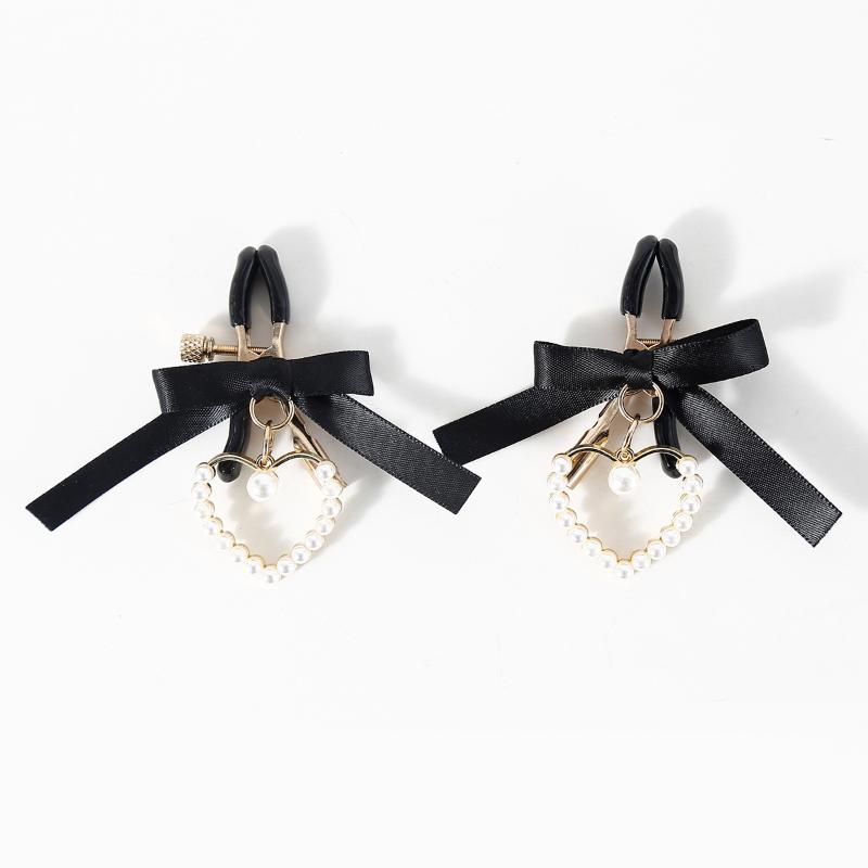 portableAdjustable Nipple Clamps Soft Non-Slip Tips Black Bow Pearl Pendant Lightweight for Travel Couple Use