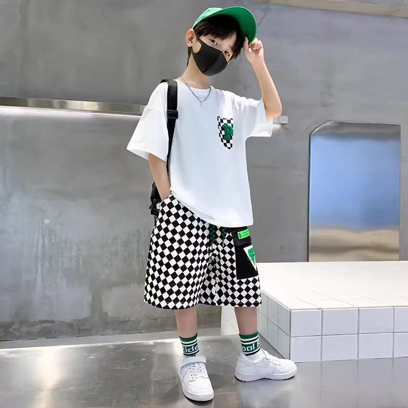 Летний комплект одежды для мальчиков, подростковая одежда с коротким рукавом, футболка с надписью, клетчатые шорты, 2 предмета, детская домашняя одежда