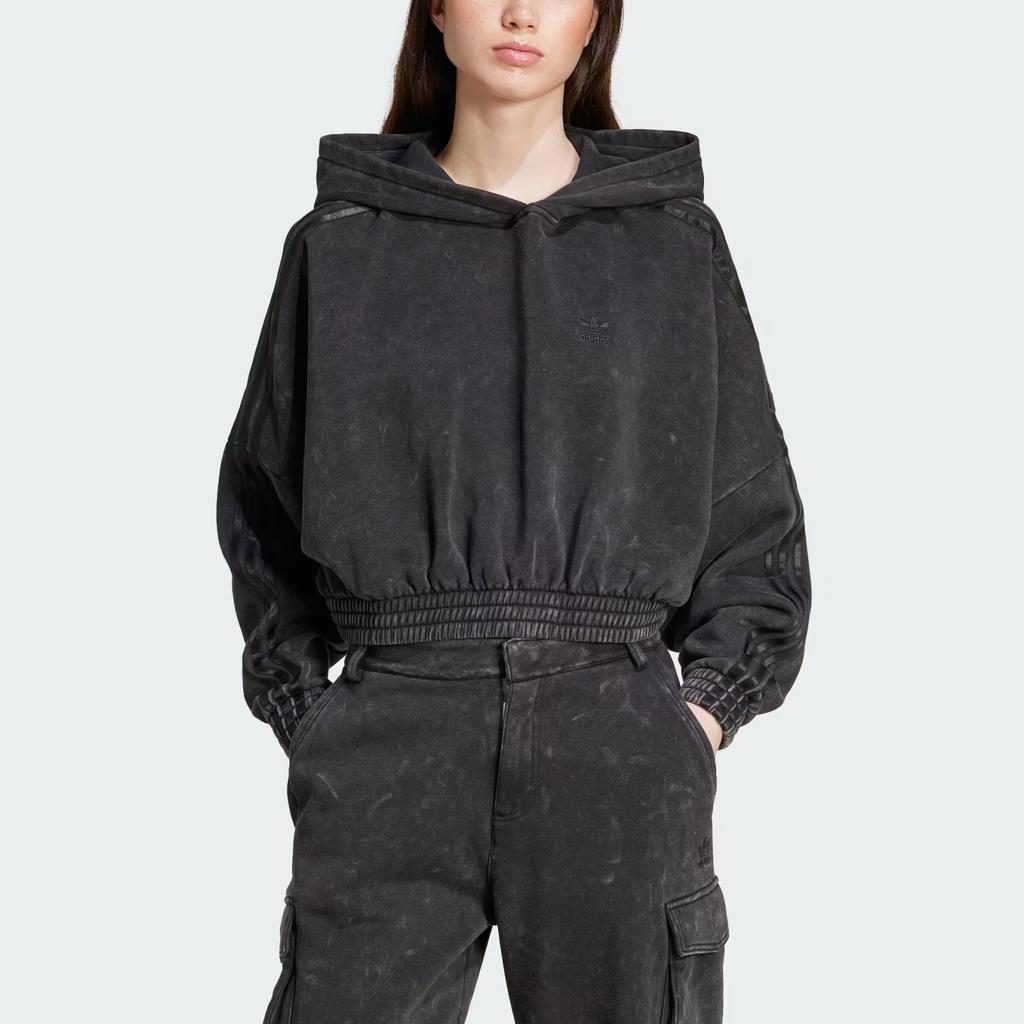Adidas Originals Washed Out Crop Oversized Hoodie With Brand Logo Women Hoodies Black IW5573