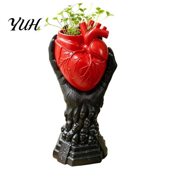 Unique Gothic Art Gift Hand Holding Human Heart Organ Vase, Anatomical Shaped Devil Palm Flower Pot Spooky Halloween Desktop for Living Room