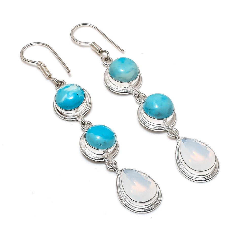 Milky Opal, Larimar Gemstone Handmade 925 Sterling Silver Earring 2.99" KJ-1129