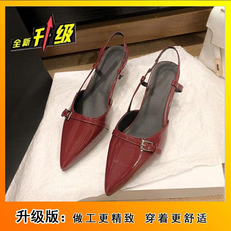 Ретро туфли-лодочки на тонком каблуке с открытой пяткой, бордовые, темпераментные, с острым носком, из лакированной кожи, на среднем каблуке, с закрытым носком, сандалии женские 2025 зима новые модели