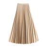 Women Midi Skirt Elastic High Waist Satin Pleated Skirt Solid Color Long Skirt Work Leisure Daily Wear