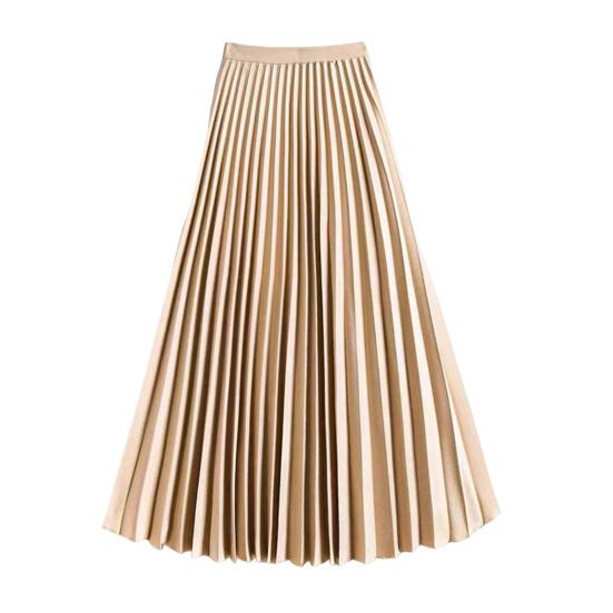 Women Midi Skirt Elastic High Waist Satin Pleated Skirt Solid Color Long Skirt Work Leisure Daily Wear