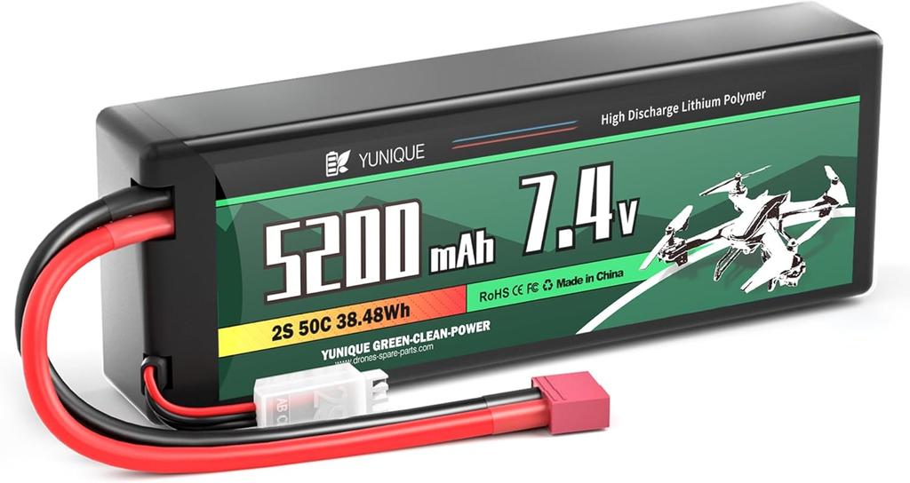 LiPo Аккумулятор 2S 7.4V 5200mAh 50C с разъемом T-Plug – Высокая мощность для RC моделей – Жесткий корпус, силиконовый провод