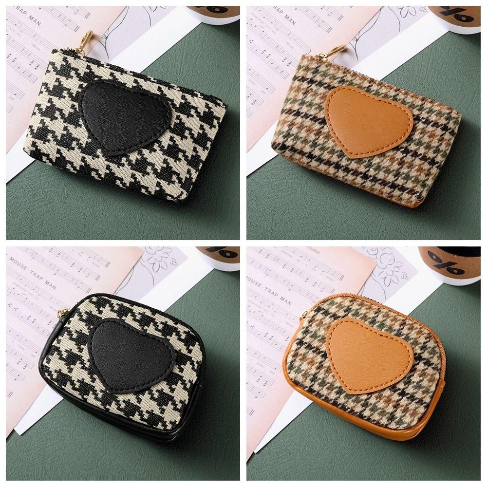 Printing Canvas Coin Purse Pu Leather Short Style Wallet Portable Houndstooth Zipper Purse  Outdoor