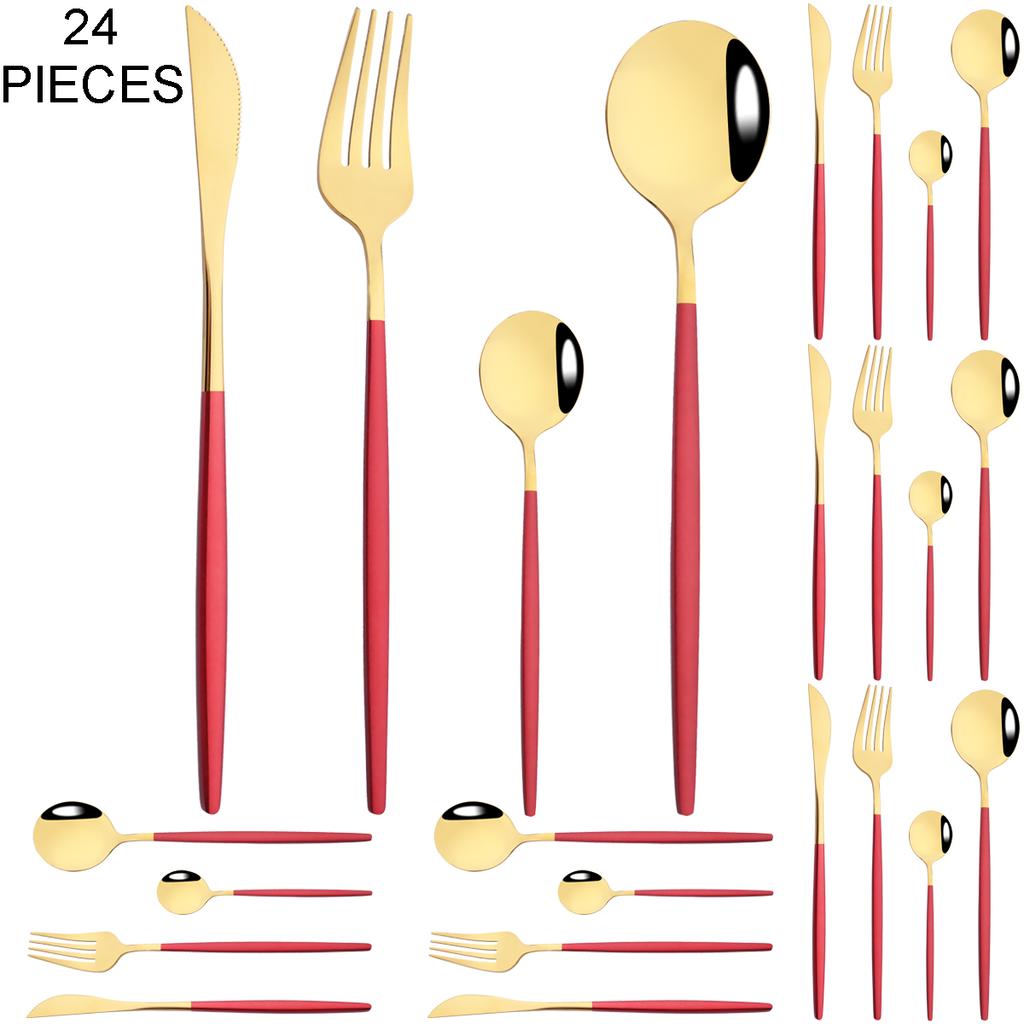 Gold 24Pcs Dinnerware Cutlery Set Knife Fork Coffee Spoon Tableware Set Mirror Stainless Steel Flatware Western Kitchen Silverware