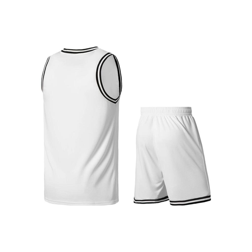 Li Ning Sports Basketball Series Logo Print Striped Round Neck Slim Shorts Set Men Sportswear White AATS003-4