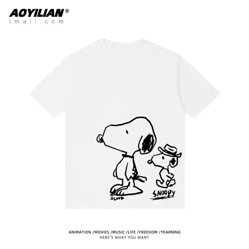 Snoopy Tshirt Charlie Brown coshort sleeve anime cartoon men and women 100 cotton loose street fashion brand short sleeve