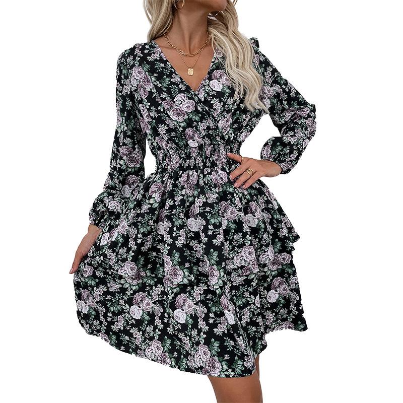 Fall Floral Print Short Dress Women Casual A-Line V-neck Full Puff Sleeve High Waist Black S-XL
