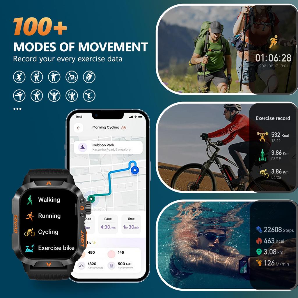 QTLLBT Sports Smartwatch, Built-in Flashlight, More Than 100 Activity Modes, Call and Message Reminders
