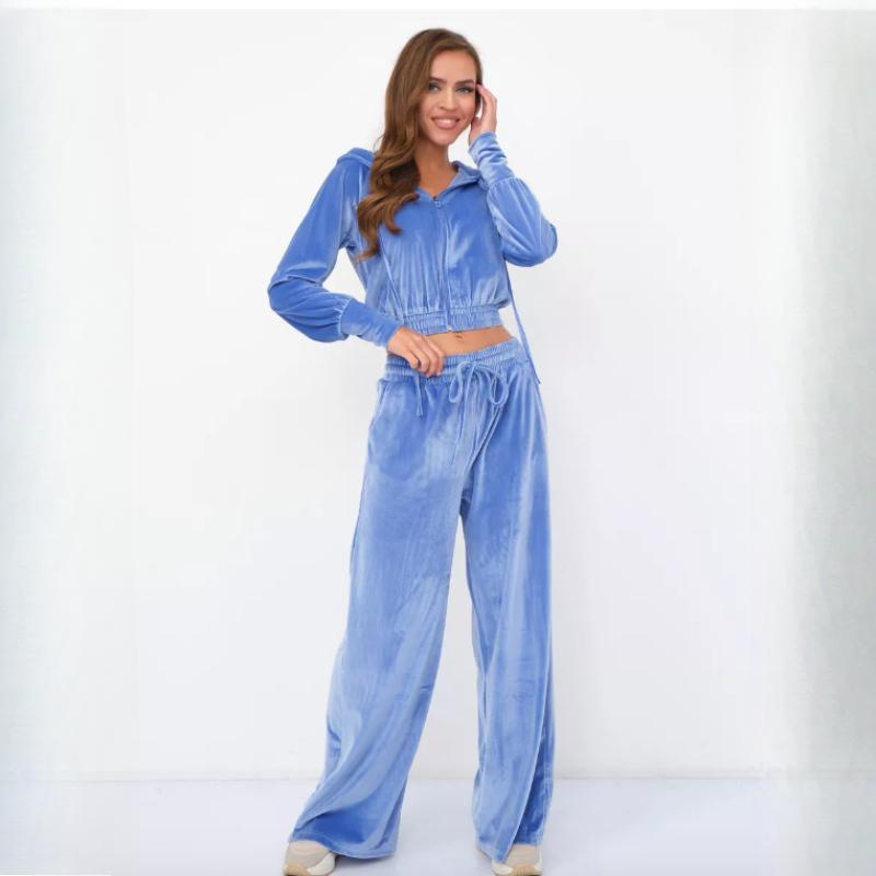 Женский повседневный спортивный костюм из 2 предметов однотонный велюровый кардиган на молнии с капюшоном с длинным рукавом + брюки с широкими штанинами на эластичной талии