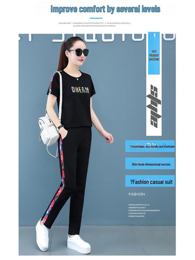 Women's Summer Fashion Suit: Short-Sleeve Top & Trousers, Age-Defying Casual Two-Piece Set